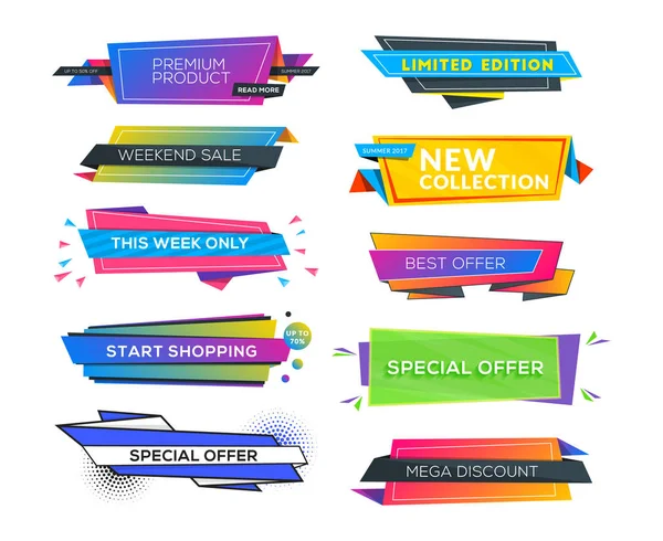 Set kleurrijke korting en promotionele verkoop origami stickers. Gevouwen papier met reclame tags. Vector designelementen voor de website, folder, poster — Stockvector