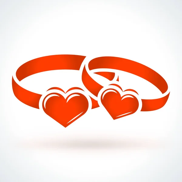 Two red wedding rings. St. Valentines Day vector design element. Love, wedding or dating romantic decorative symbol — Stock Vector