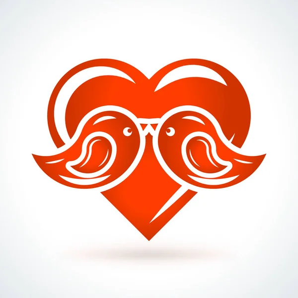 Dos pájaros besos con corazón. Día de San Valentín elemento de diseño de vectores. Amor, boda o citas símbolo decorativo romántico — Archivo Imágenes Vectoriales