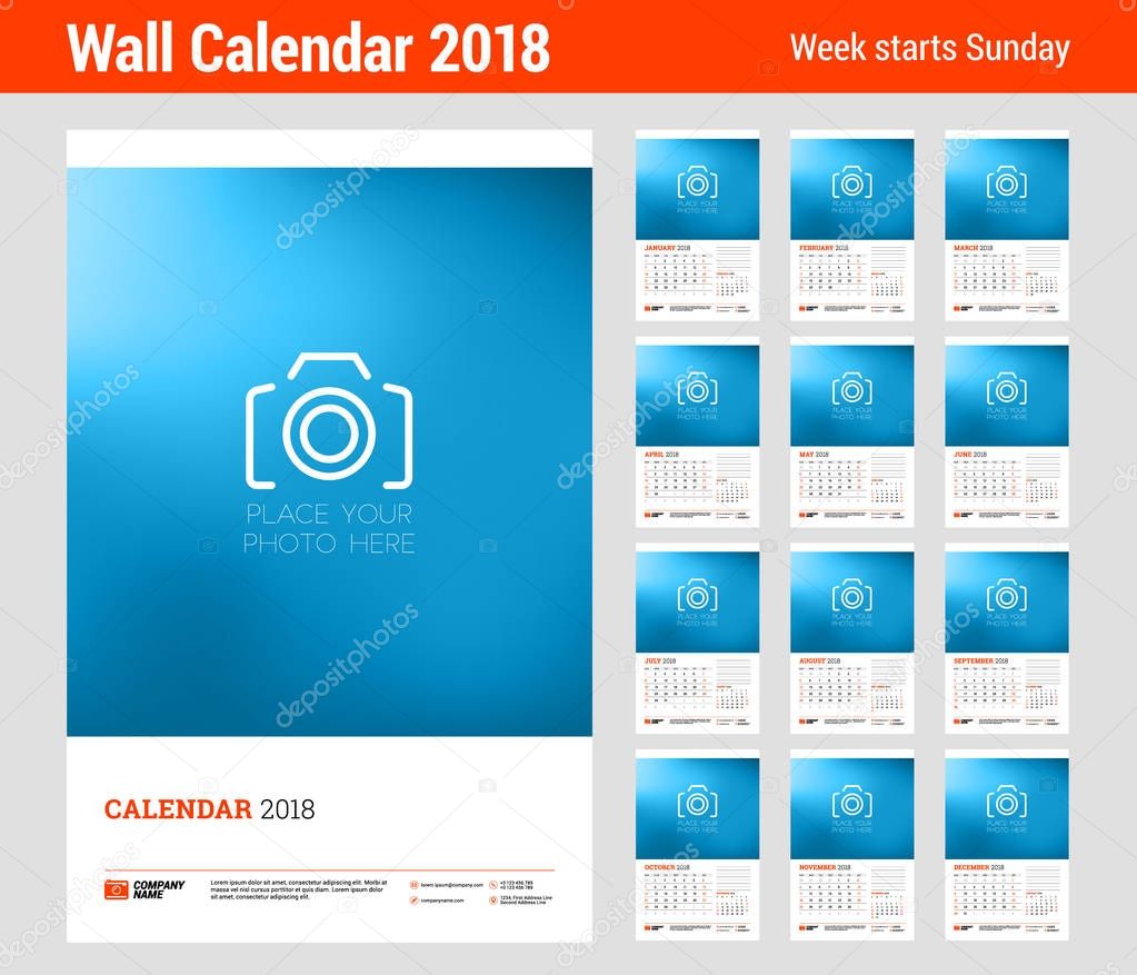 Wall calendar planner template for 2018 year. Set of 12 months. Vector design print template with place for photo. Week starts on Sunday