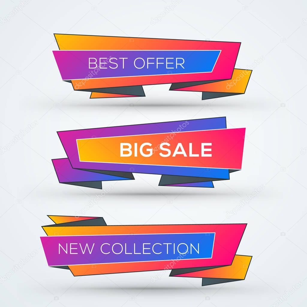 Set of sale web banners. Shopping tags. Discount and promotional colorful origami stickers. Vector illustration