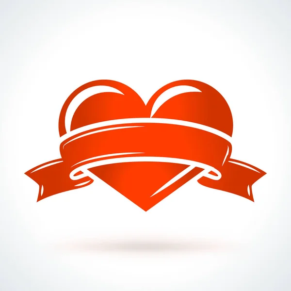 Corazón rojo con cinta. Día de San Valentín elemento de diseño de vectores. Amor, boda o citas símbolo decorativo romántico — Vector de stock