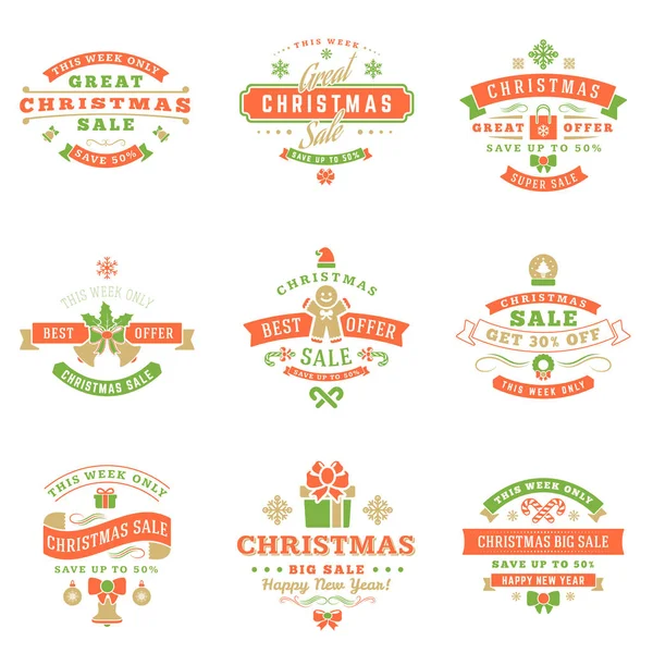 Ensemble d'insignes vintage de vente de Noël. Éléments de conception vectoriels typographiques pour bannière promotionnelle, achats de vacances — Image vectorielle
