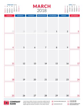 Mart 2018. Takvim planlayıcısı tasarım şablonu. Dikey yönlendirmeli. Hafta Pazar günü başlar. İleti örneği tasarım