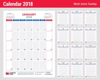 2018 yıl için takvim planlayıcısı tasarım şablonu. Dikey yönlendirmeli. Hafta Pazar günü başlar. İleti örneği tasarımı. 12 ay kümesi