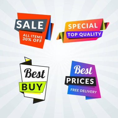 Satış afiş ve etiketleri kümesi. Promosyon için tasarım öğeleri. Vektör çizim