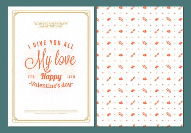 Mutlu Sevgililer günü tipografi tebrik kartı. Vektör tasarım çift taraflı şablonuyla sorunsuz arka plan ve romantik işaretleri