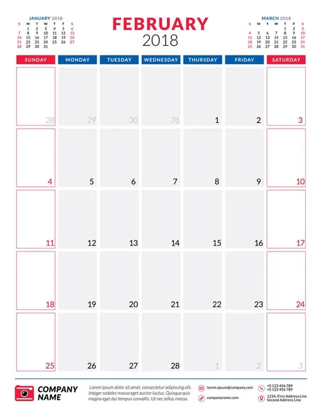 Lutego 2018 r. Szablon projektu planner kalendarz. Orientacji pionowej. Tydzień rozpoczyna się w niedzielę. Projektowanie papeterii — Wektor stockowy