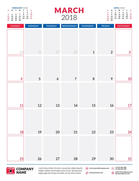Marzo de 2018. Plantilla de diseño de planificador de calendario. Orientación vertical. La semana comienza el domingo. Diseño de papelería — Archivo Imágenes Vectoriales