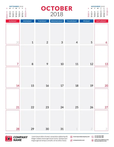 Oktober 2018. Kalendermall planerare design. Stående orientering. Veckan börjar på söndag. Pappersvaror design — Stock vektor