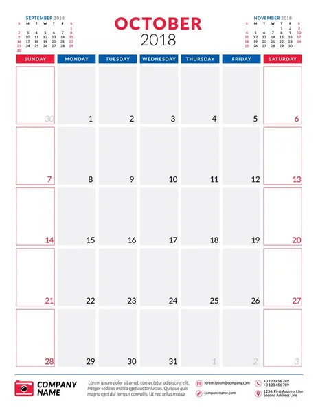 Outubro de 2018. Modelo de design de planejador de calendário. Orientação de retrato. A semana começa no domingo. Desenho de papelaria — Vetor de Stock