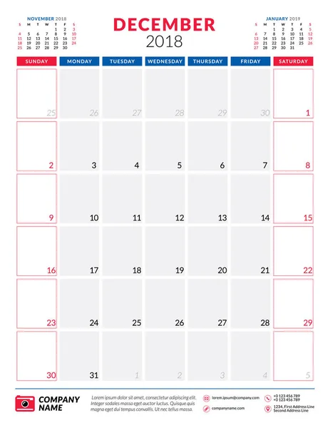 Diciembre de 2018. Plantilla de diseño de planificador de calendario. Orientación vertical. La semana comienza el domingo. Diseño de papelería — Archivo Imágenes Vectoriales
