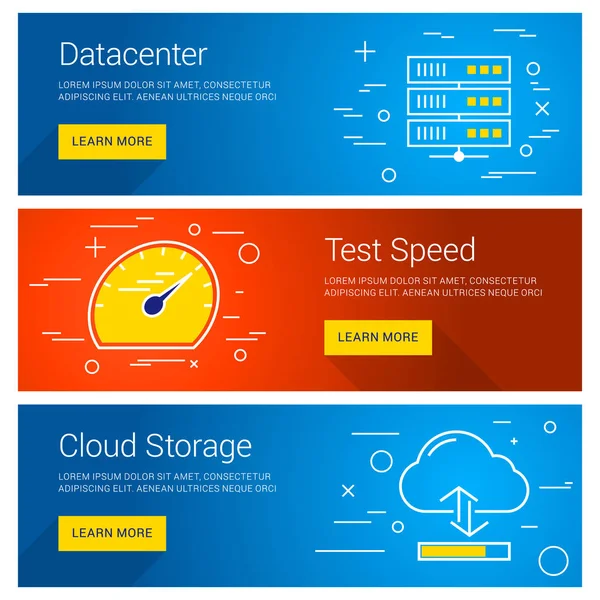 Datacenter. Teszt a sebesség. Cloud tárolási. Vonal Art Flat Design illusztráció. Vektor Web bannerek fogalmak — Stock Vector