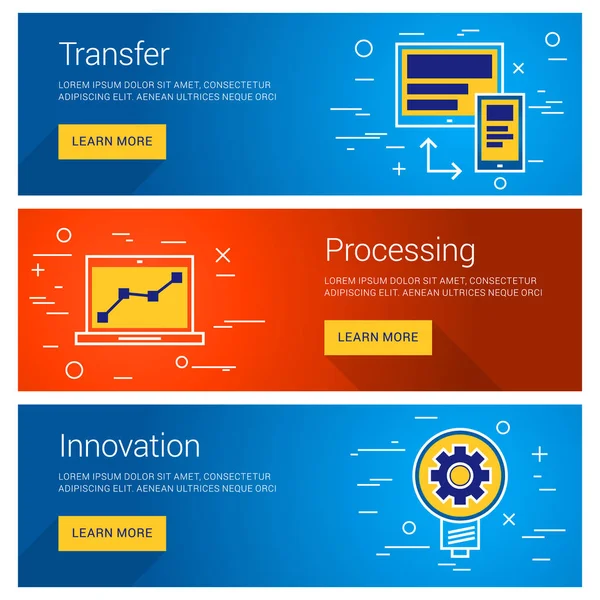 Transfer Data. Processing. Innovation. Line Art Flat Design Illustration. Vector Web Banners Concepts — Stock Vector