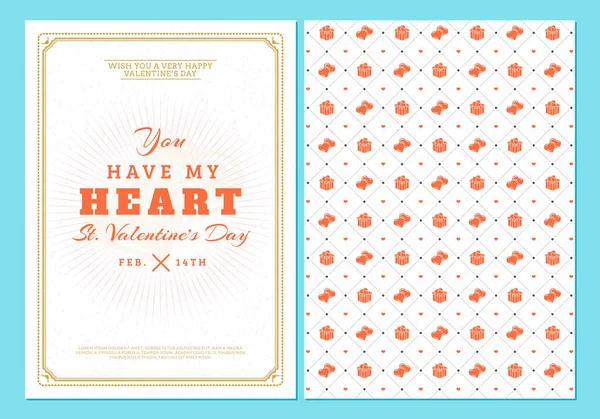 Glad Alla hjärtans dag typografi gratulationskort. Vector dubbel dubbelsidig formgivningsmall med sömlös bakgrund och romantiska tecken — Stock vektor