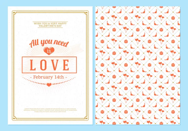 Happy Valentines Day typography greeting card. Vector design double sided template with seamless background and romantic signs — Stock Vector