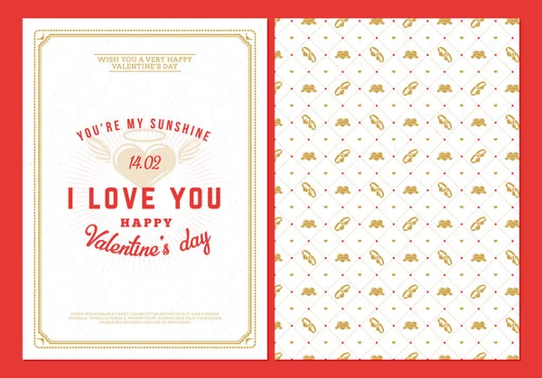Поздравительная открытка на день святого Валентина. Векторный дизайн двусторонний шаблон с бесшовным фоном и романтическими знаками — стоковый вектор