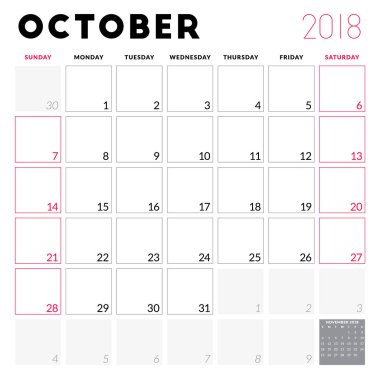 Ekim 2018 için takvim planlayıcısı. Hafta Pazar günü başlar. Yazdırılabilir vektör tasarım şablonu. İleti örneği tasarım