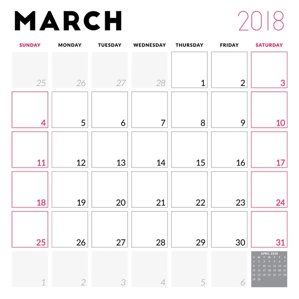 Planificador de calendario para marzo de 2018. La semana comienza el domingo. Plantilla de diseño vectorial imprimible. Diseño de papelería — Archivo Imágenes Vectoriales