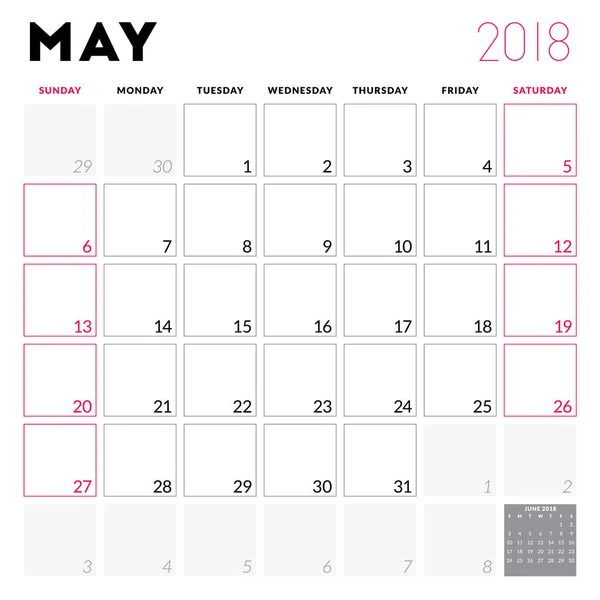 Планировщик календаря на май 2018 года. Неделя начинается в воскресенье. Печатный шаблон векторного дизайна. Канцелярский дизайн — стоковый вектор