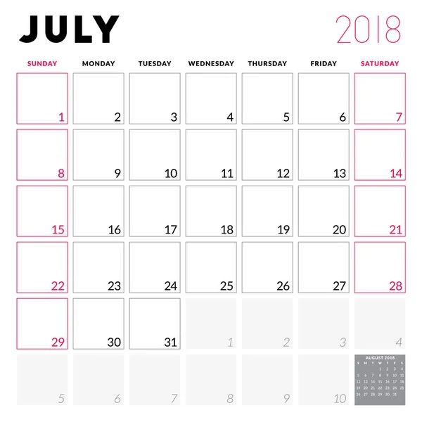 Planner kalendarz dla lipca 2018 r. Tydzień rozpoczyna się w niedzielę. Szablon projektu do druku wektor. Projektowanie papeterii — Wektor stockowy