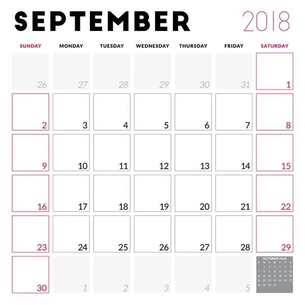 Planificador de calendario para septiembre de 2018. La semana comienza el domingo. Plantilla de diseño vectorial imprimible. Diseño de papelería — Vector de stock