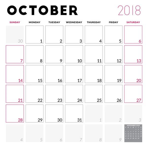 Planejador de calendário para outubro de 2018. A semana começa no domingo. Modelo de design vetorial imprimível. Desenho de papelaria — Vetor de Stock