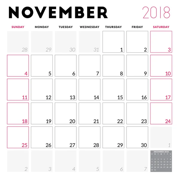 Planejador de calendário para novembro de 2018. A semana começa no domingo. Modelo de design vetorial imprimível. Desenho de papelaria —  Vetores de Stock
