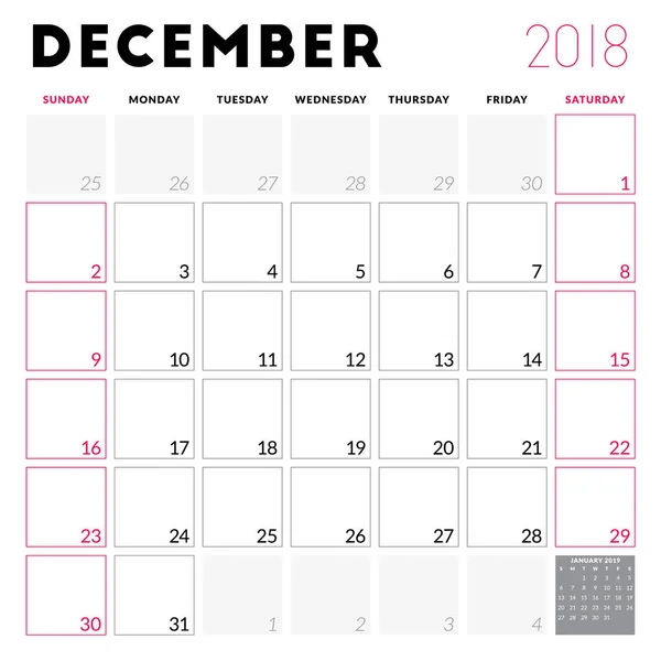 Planificador de calendario para diciembre de 2018. La semana comienza el domingo. Plantilla de diseño vectorial imprimible. Diseño de papelería — Archivo Imágenes Vectoriales