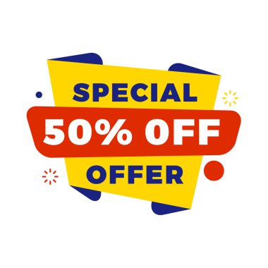 Satılık bunner şablonu. Terfin için vektör tasarım öğesi. Kırmızı, sarı ve mavi renk teması. Yuvarlak konuşma balonu