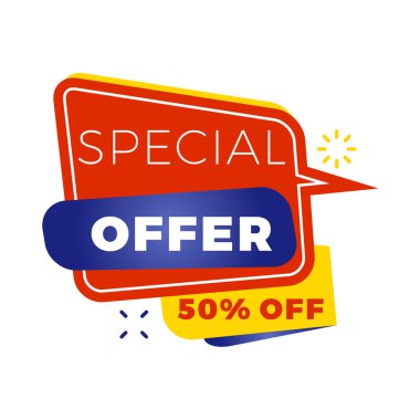 Satılık bunner şablonu. Terfin için vektör tasarım öğesi. Kırmızı, sarı ve mavi renk teması. Yuvarlak konuşma balonu