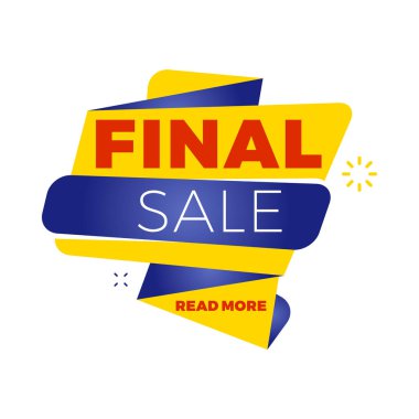 Satılık bunner şablonu. Terfin için vektör tasarım öğesi. Kırmızı, sarı ve mavi renk teması. Yuvarlak konuşma balonu