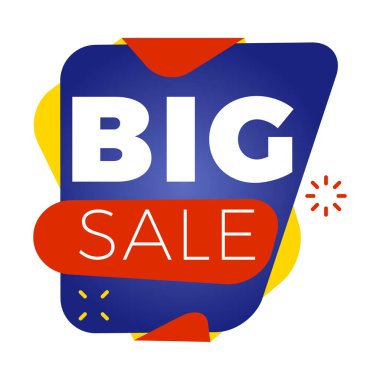 Satılık bunner şablonu. Terfin için vektör tasarım öğesi. Kırmızı, sarı ve mavi renk teması. Yuvarlak konuşma balonu