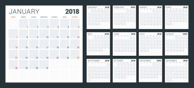 2018 yıl için takvim planlayıcısı. Hafta Pazar günü başlar. Vektör tasarım yazdırma şablonu