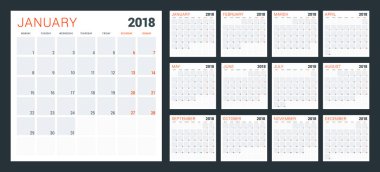 2018 yıl için takvim planlayıcısı. Hafta Pazartesi günü başlar. Vektör tasarım yazdırma şablonu