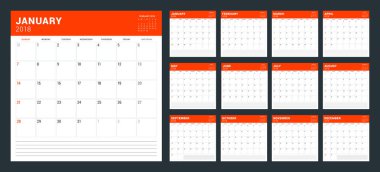 2018 yıl için takvim planlayıcısı. Hafta Pazar günü başlar. Vektör tasarım yazdırma şablonu