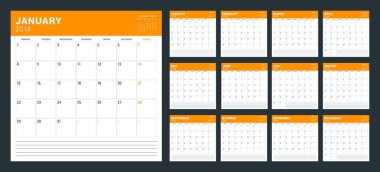 2018 yıl için takvim planlayıcısı. Hafta Pazartesi günü başlar. Vektör tasarım yazdırma şablonu