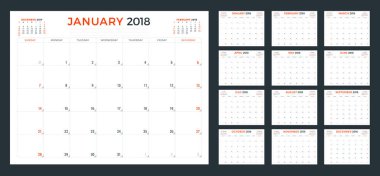 2018 yıl için takvim planlayıcısı. Hafta Pazar günü başlar. Vektör tasarım yazdırma şablonu