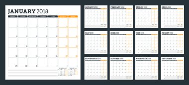 2018 yıl için takvim planlayıcısı. Hafta Pazartesi günü başlar. Vektör tasarım yazdırma şablonu