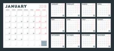 2018 yıl için takvim planlayıcısı. Hafta Pazartesi günü başlar. Vektör tasarım yazdırma şablonu