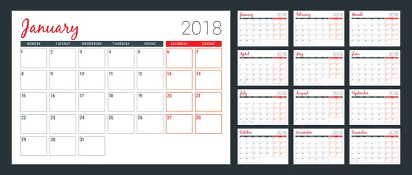 Planificador de calendario para 2018 año. La semana comienza el lunes. plantilla de impresión de diseño vectorial — Archivo Imágenes Vectoriales