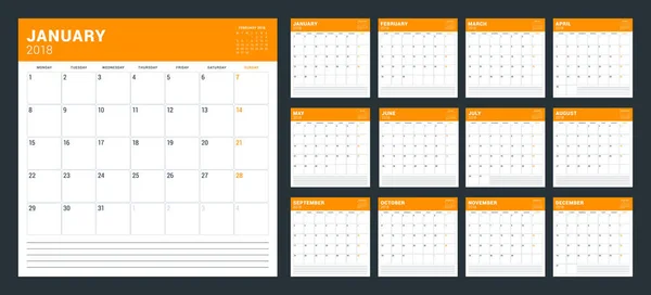 Planificador de calendario para 2018 año. La semana comienza el lunes. plantilla de impresión de diseño vectorial — Archivo Imágenes Vectoriales
