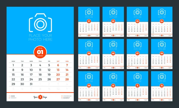 Σχεδιαστής ημερολόγιο τοίχου για το έτος 2018. Εβδομάδα ξεκινά τη Δευτέρα. Διάνυσμα πρότυπο εκτύπωσης σχεδίασης — Διανυσματικό Αρχείο