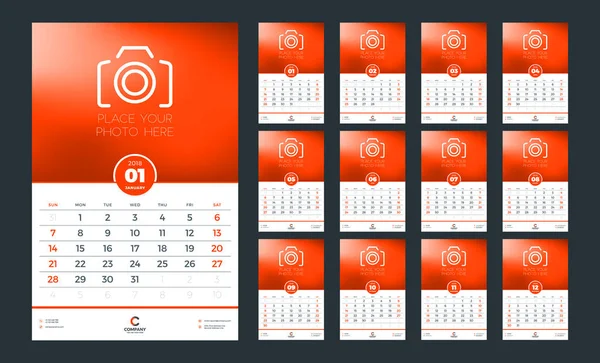 Wall calendar for 2018 year. Week starts on Monday. Vector design print template — Stock Vector