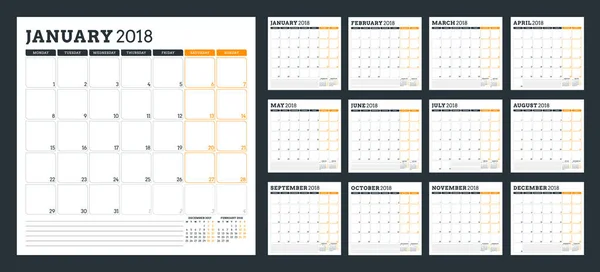 Ημερολόγιο για το σχεδιασμό για το έτος 2018. Εβδομάδα ξεκινά τη Δευτέρα. Διάνυσμα πρότυπο εκτύπωσης σχεδίασης — Διανυσματικό Αρχείο