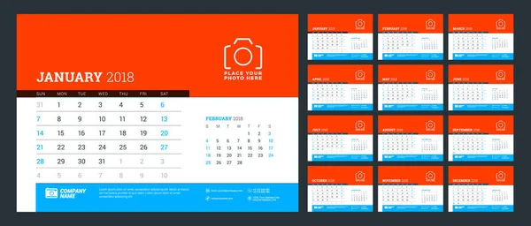Skrivbord Kalender 2018 år. Veckan börjar på måndag. Vektor design utskriftsmall — Stock vektor