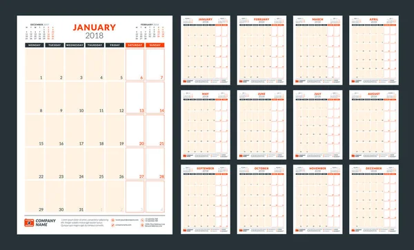 Planificador de calendario para 2018 año. La semana comienza el lunes. plantilla de impresión de diseño vectorial — Archivo Imágenes Vectoriales