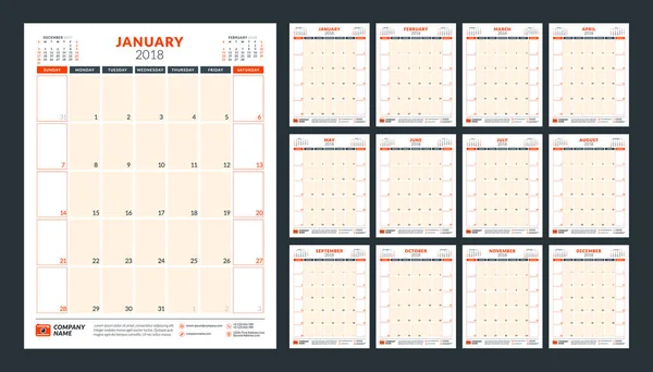 Planificador de calendario para 2018 año. La semana comienza el domingo. plantilla de impresión de diseño vectorial — Archivo Imágenes Vectoriales