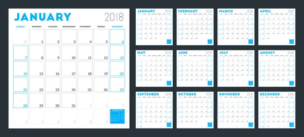 Kalenderplaner für 2018 Jahr. Die Woche beginnt am Sonntag. Vektor Design Druckvorlage — Stockvektor
