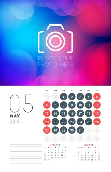 Wall calendar planner template for May 2018. Vector design print template with abstract background or place for photo. Week starts on Sunday — Stock Vector